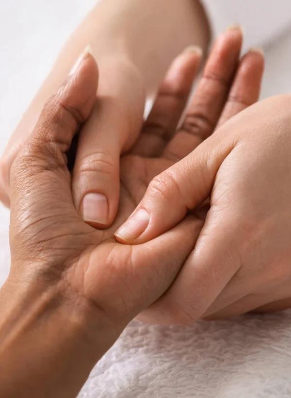 Therapist massaging clients hands during Oncology massage
